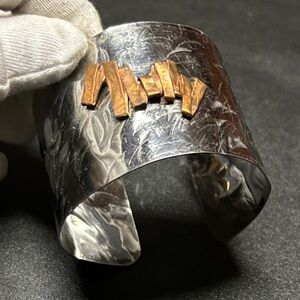 Vintage wide bronze design silver cuff bracelet